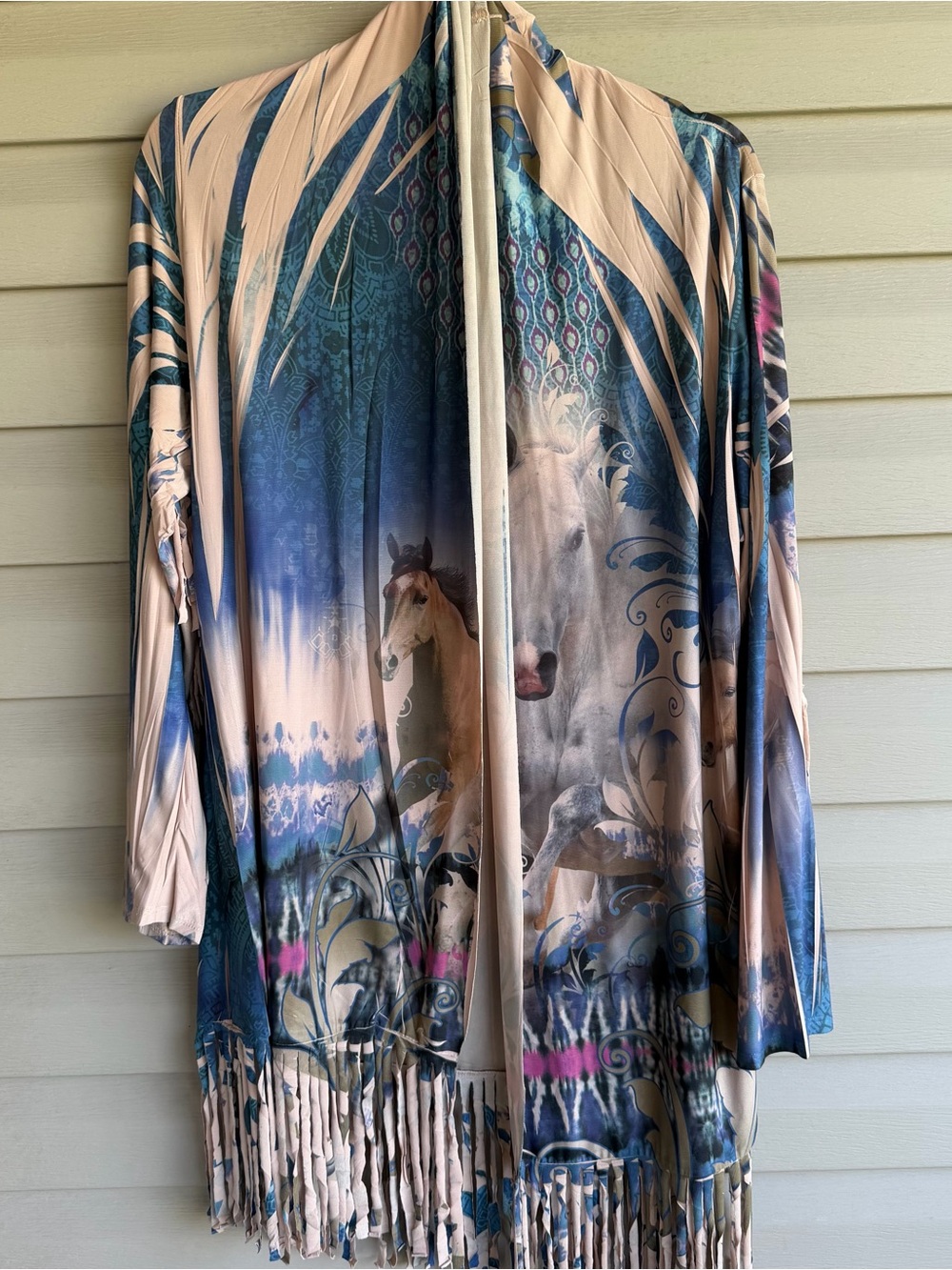 Fantazia Women XL Kimono Duster Cardigan Horse Print Fringe Sleeve Western Boho